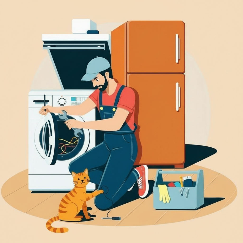 Tecnico ripara una lavastoviglie mentre un gatto lo guarda