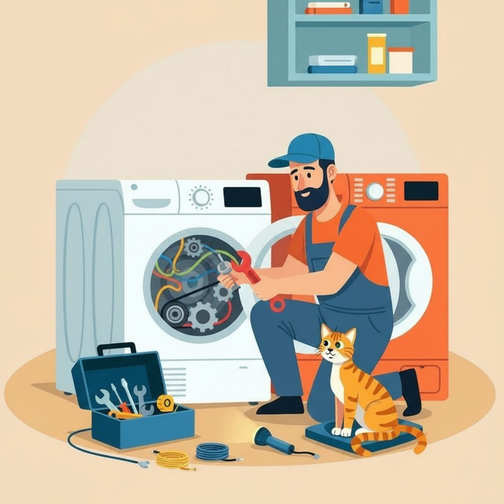 tecnico interviene su asciugatrice mentre gatto guarda a Modena