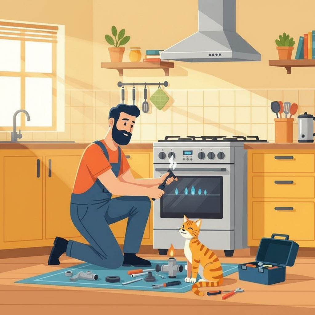 Tecnico ripara una lavastoviglie mentre un gatto lo guarda